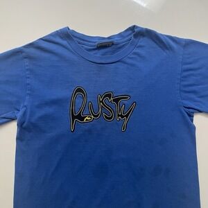 Rusty Surf Brand T Shirt Kids Size Large L Boys Blue Youth Tee 100% Cotton